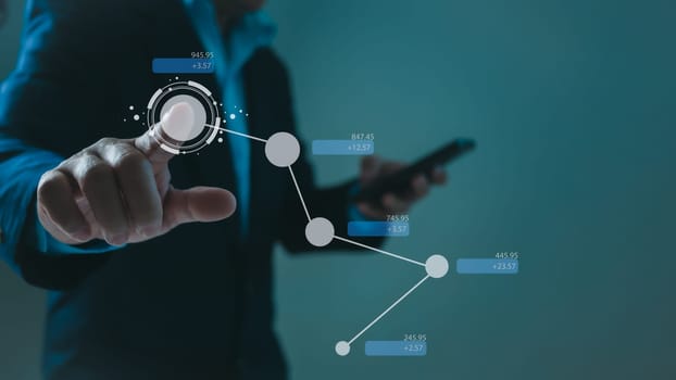 Stock market, Business growth, progress or success concept. Businessman or trader is showing a growing virtual hologram stock, invest in trading.