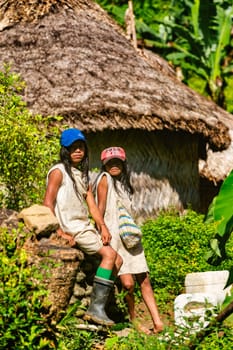 Tayrona, Magdalena, Colombia - September 21 2023: Indigenous Koguis girls in the road to Ciudad Perdida, Magdalena, Sierra Nevada de Santa Marta, Colombia