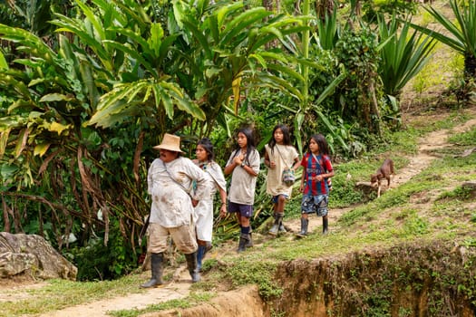 Tayrona, Magdalena, Colombia - September 21 2023: Indigenous Koguis family in the road to Ciudad Perdida, Magdalena, Sierra Nevada de Santa Marta, Colombia