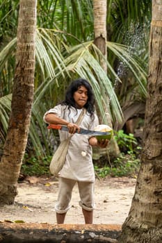Tayrona, Magdalena, Colombia - September 21 2023: Indigenous Koguis man in the Parque Natural Tayrona, Magdalena, Santa Marta, Colombia or Columbia