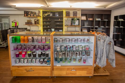 Medellin, Colombia - December 9, 2023: Exclusive souvenir shop of famous drug dealer Pablo Escobar in Open-air museum.
