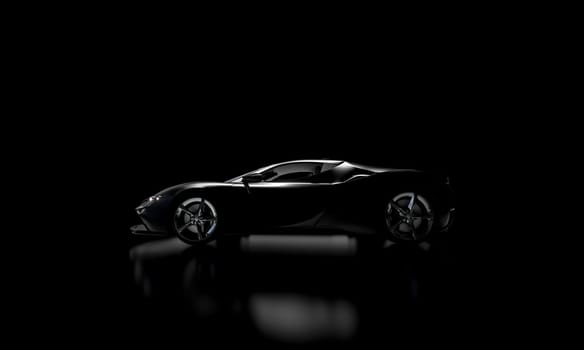 side view of black supercar on dark background. nobody.3d render illustration