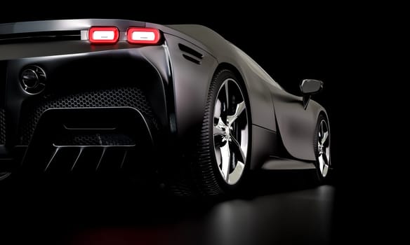 matt black luxury sports car, rear view, copyspace, dark background. 3d render