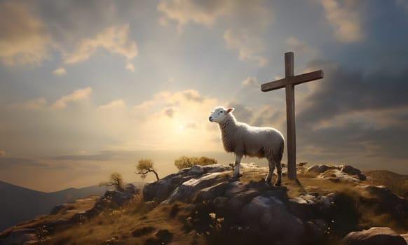 A cross on top of the mountain at sunset, bright sunbeam in the colorful sky background. Easter, Resurrection morning. Crucifixion of Jesus Christ. Good Friday, ascension day concept. Lamb in front