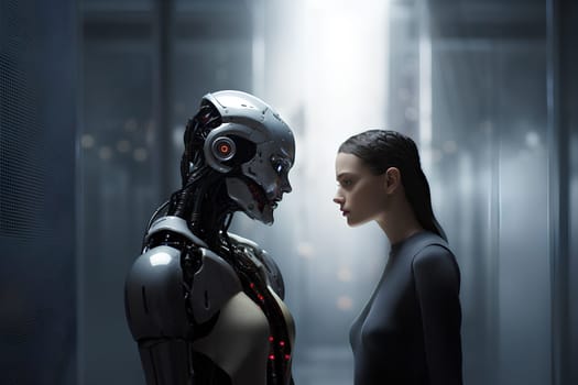 Woman face opposite AI. Eyes looking at each other. Man stand versus artificial intelligence. Human vs digital machine. Confrontation, competition, battle between humanity and humanoid robot, android