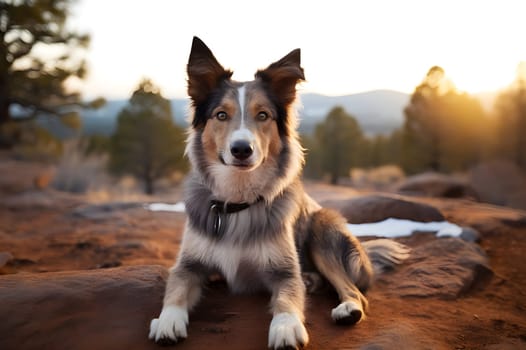 Australian shepherd dog, puppy lies, sits on brown ground, looking at camera, outdoor in mountains, forest with sunlight on background