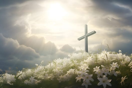A cross on top of the mountain at sunset, bright sunbeam in the colorful sky background. Easter morning. Crucifixion, Resurrection of Jesus Christ. Good Friday, ascension day concept. Crucifix symbol