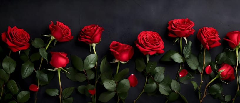 Red roses on black background with copy space. Neural network generated image. Not based on any actual person or scene.