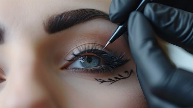 Close-up of eyeliner artistry on a woman's eye.