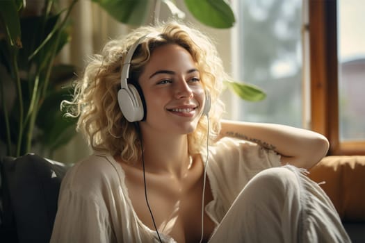 Smiling woman with headphones at home.