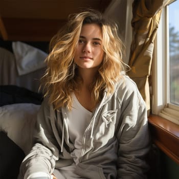Relaxed woman enjoying morning light.