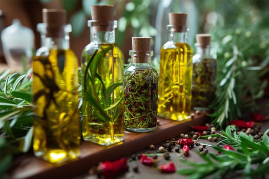 bottled olive oils with herbs and pepper