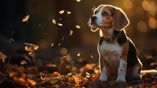 Beagle pup among fallen leaves, golden hour light.