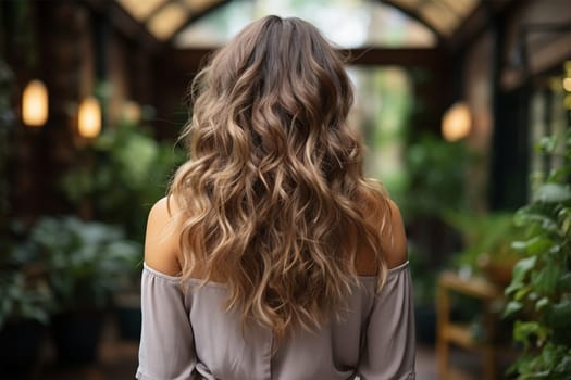 An elegant woman in the courtyard shows off her long wavy hair.