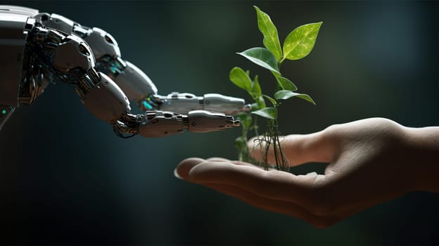 A robotic hand and a human hand interacting with a young plant sprout, symbolizing technology and nature synergy.