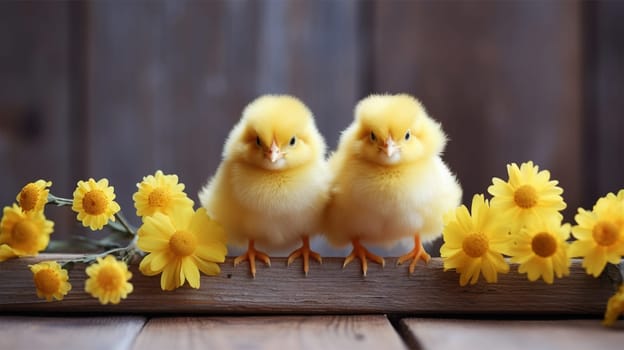 two small fluffy yellow chickens on a wooden surface among yellow flowers.easter concept, copy space