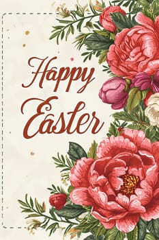 A vintage-inspired Happy Easter greeting card featuring elegant peony flowers and classic calligraphy on a textured background