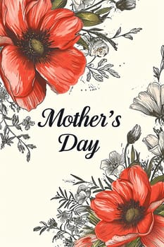 A Mother's Day greeting card featuring elegant red poppies and floral illustrations on a white background.