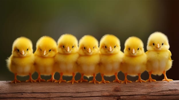 Adorable chickens lined up on a wooden board. copy space
