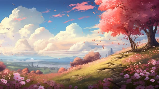 Artistic illustration of vibrant cherry blossom trees by a tranquil river.