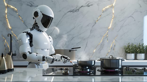 A humanoid robot prepares food on a stove in a chic kitchen with marble walls.