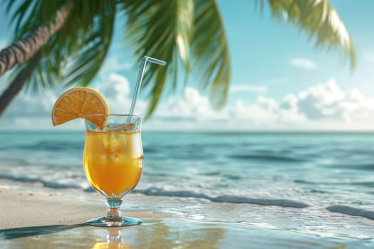 A chilled orange cocktail with an orange slice on the rim, standing on the sand on a tropical beach with palm leaves and ocean background.