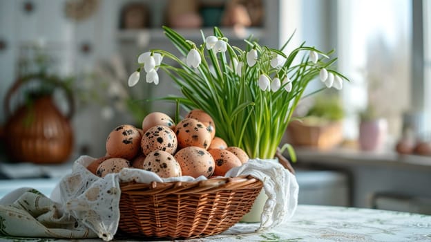 Easter Basket with Snowdrops and Decorated Eggs among fresh snowdrops on the kitchen table.