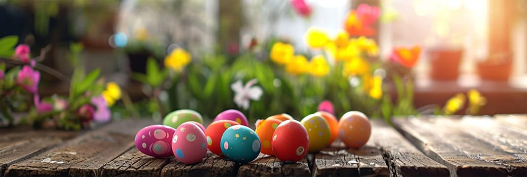 Colorful hand-painted Easter eggs on wooden surface with spring flowers in background.