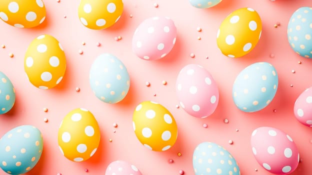 polka dot easter eggs on a pastel pink background. Flat lay, top view, with a lot of copy space