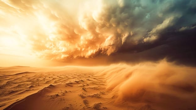 A massive sandstorm sweeps across a barren desert landscape at sunset., unreal world, apocalypse