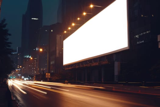 Blank billboard on city street at night with light trails