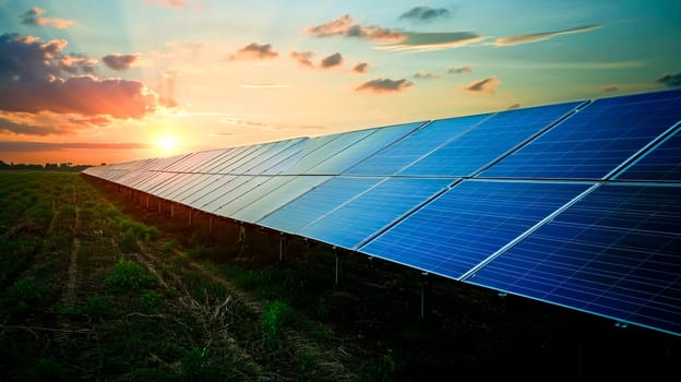 solar panels standing in a row on a field under the sun, Solar energy panels in a row in the bright sun on a green field.