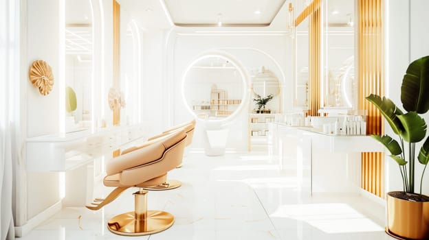 Bright white salon with chic decor and lush plants.