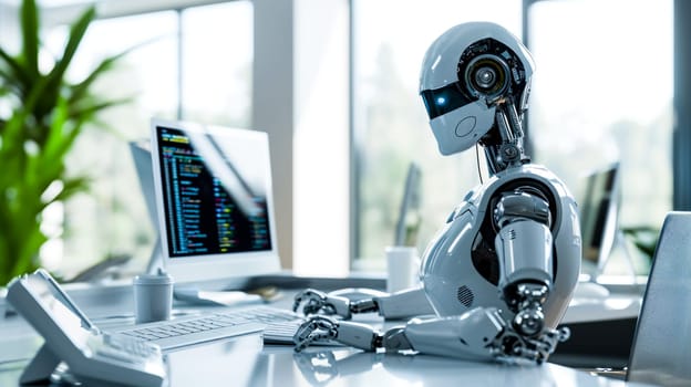 A humanoid robot at a desk analyzes data on a computer screen in an office.