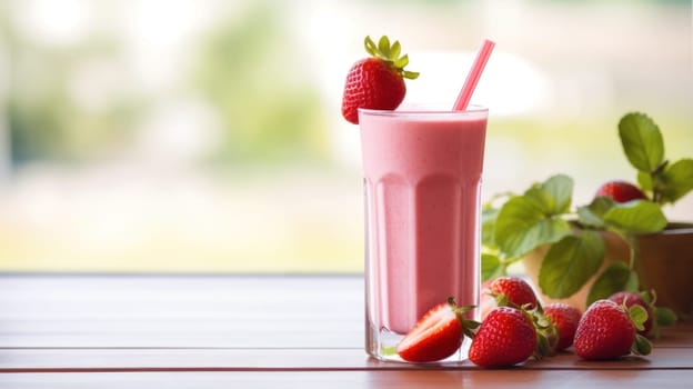 A glass of strawberry smoothie with fresh berries on a sunny windowsill.