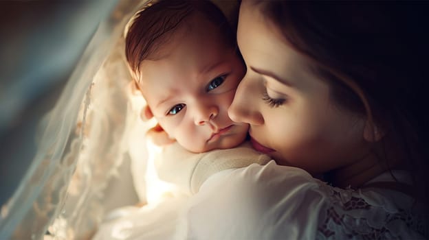 Maternal Embrace at Dawn. A tender moment as a mother cradles her sleeping baby in the soft morning light.