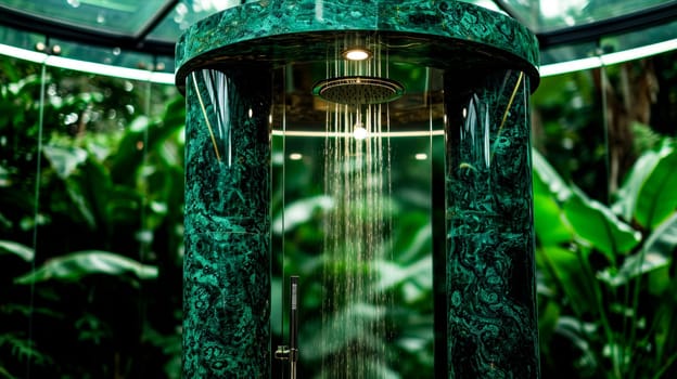Modern shower with water flowing surrounded by lush plants.shower cabin made of malachite and glass