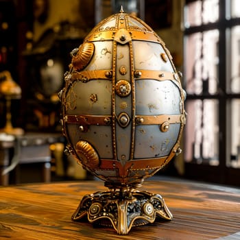 Spherical Steampunk Device ,An intricate steampunk egg-shaped sphere with mechanical details.
