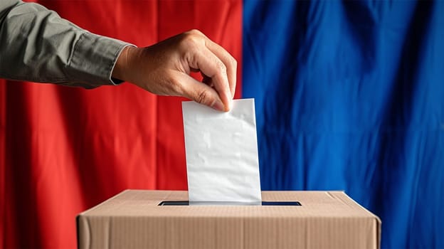 Hand casting ballot with national flag backdrop