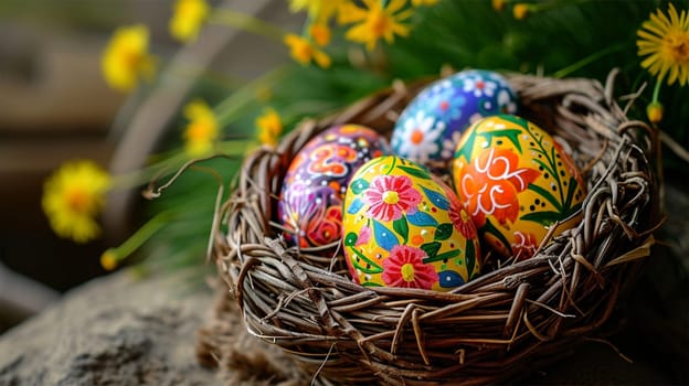 Vibrantly painted Easter eggs nestled in a rustic basket.