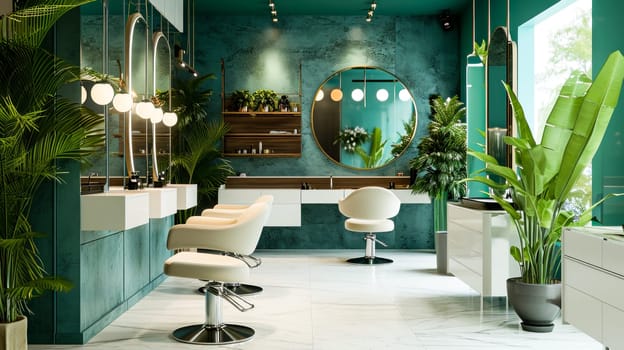 Chic salon interior with lush green walls and plants.