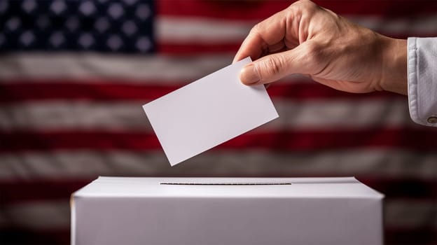 Hand casting ballot with national flag backdrop