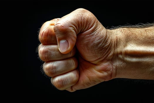 A detailed view of a raised, clenched fist against a dark background, symbolizing strength and resolve.