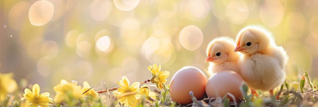 Chickens among eggs on the sunlit grass on a farm.
