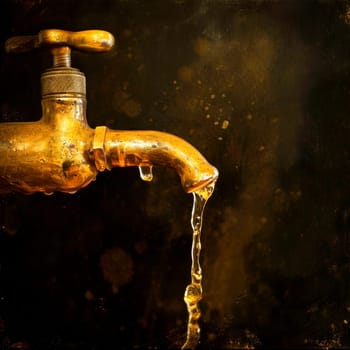 Vintage brass faucet leaking water against a dark background.