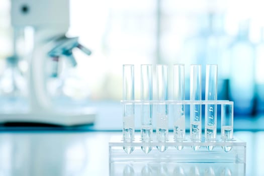 Close-up of medical test tubes on a table against a light white and blue blurred background of a scientific or medical laboratory