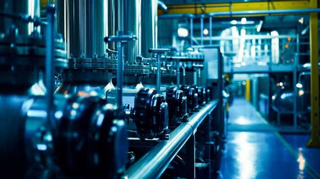 Detailed view of industrial piping and machinery in a factory setting. Industrial Piping and Machinery
