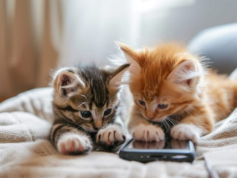 Two curious kittens pawing at a smartphone.