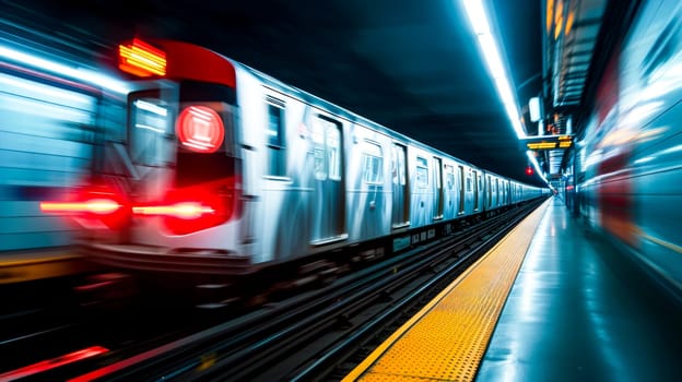 subway train in motion.Blurred motion of a subway train speeding through an underground station.