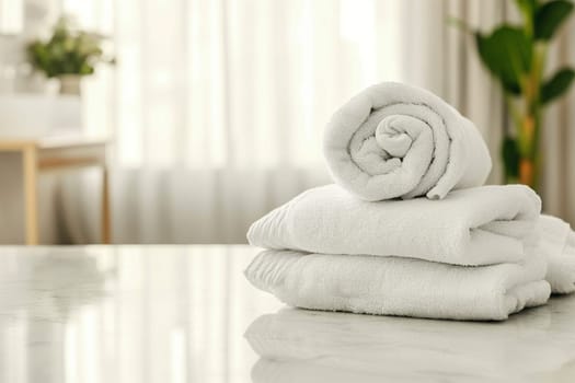 Rolled towels on table empty space white blur background